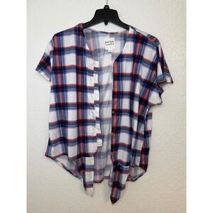 New York Laundry Women's 2X Plaid Button Front Tie Hem Short Sleeve Top
